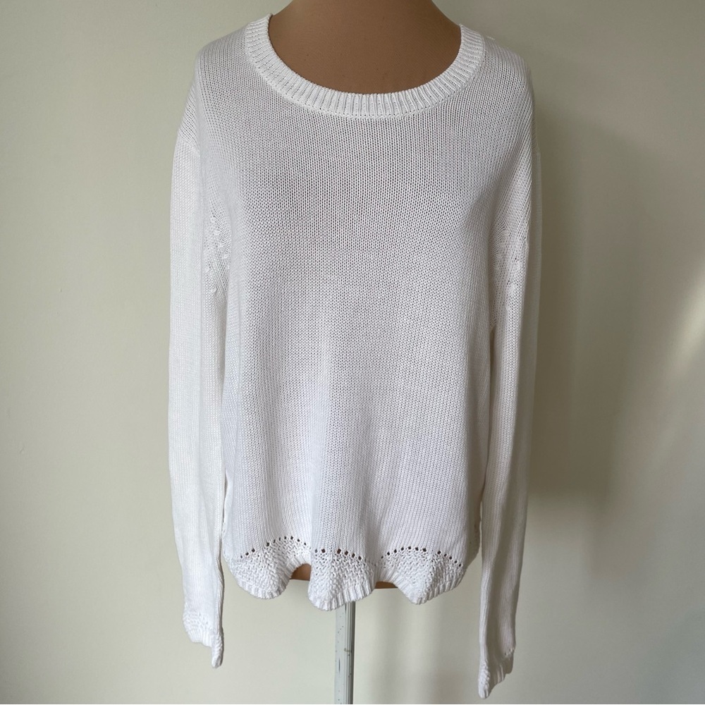 Autumn Cashmere Cotton Crew Neck White Long Sleeve Crocheted Knit Trim Sweater L